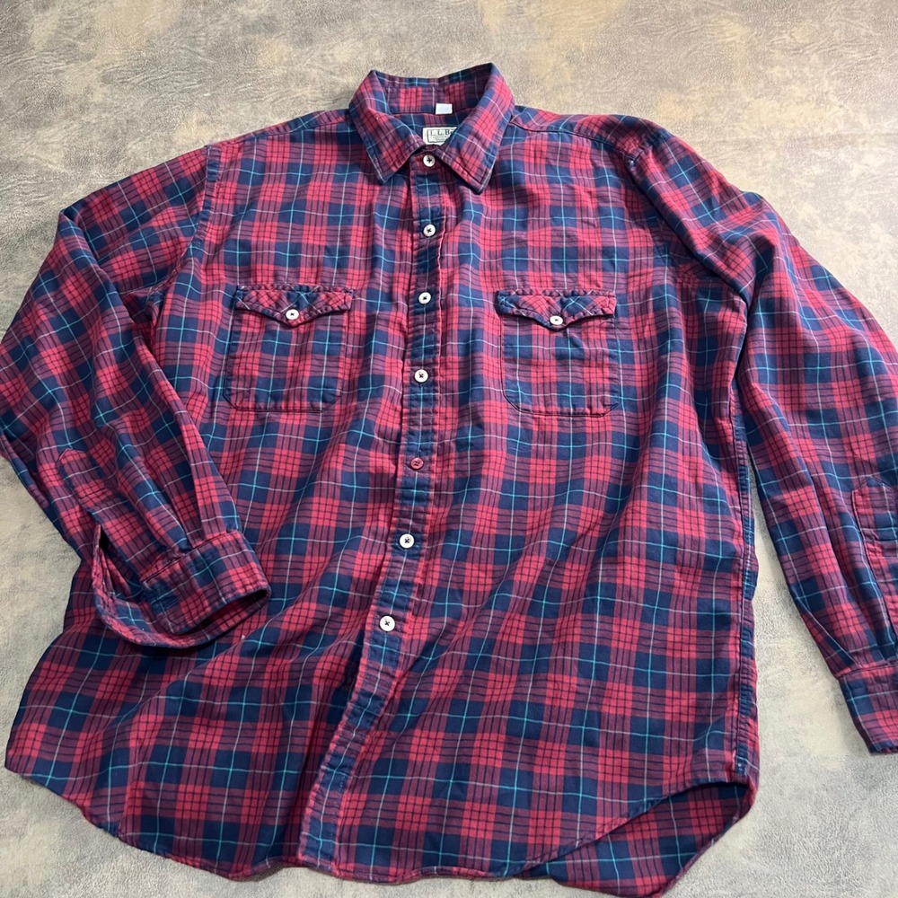 L.L. Bean Shirt Mens XL Red Navy Tartan Plaid Long Sleeve Made in USA VTG